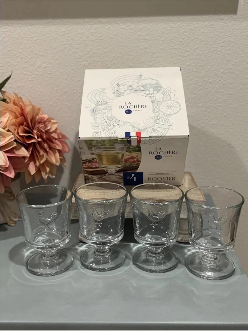 New Set of 4 La Rochere Rooster Tumblers/ Glasses 1475 France 7.4loz